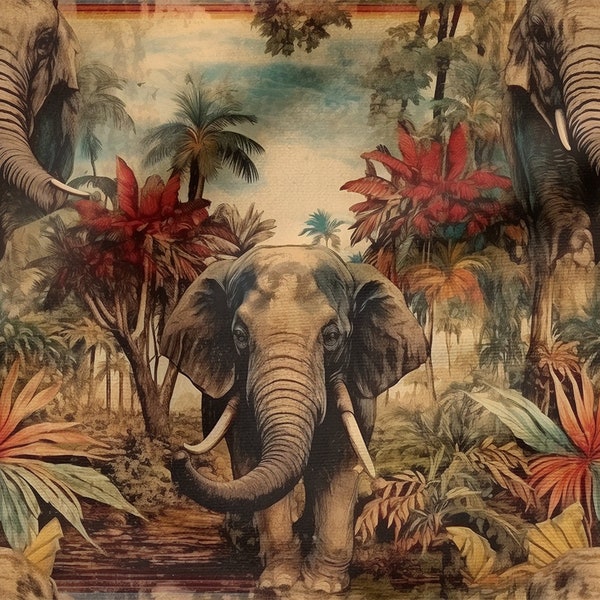 Jungle elephant cotton 100%, Eco-print, Tissu éléphant en coton imprimé, Largeur 150cm /60"