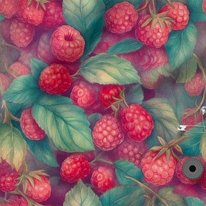 Raspberries cotton 100%, Eco-print, Printed Cotton raspberries fabric, Width 150cm /60&quot;