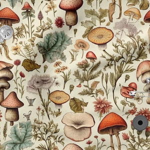 Mushroom forest cotton 100%, Eco-print, Printed Cotton mushrooms fabric, Width 150cm /60"