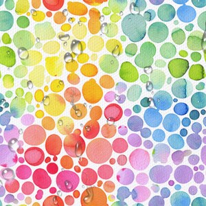 Puede incluir: Una pintura abstracta de acuarela colorida con un patr&oacute;n de arco&iacute;ris de c&iacute;rculos y gotas de agua.