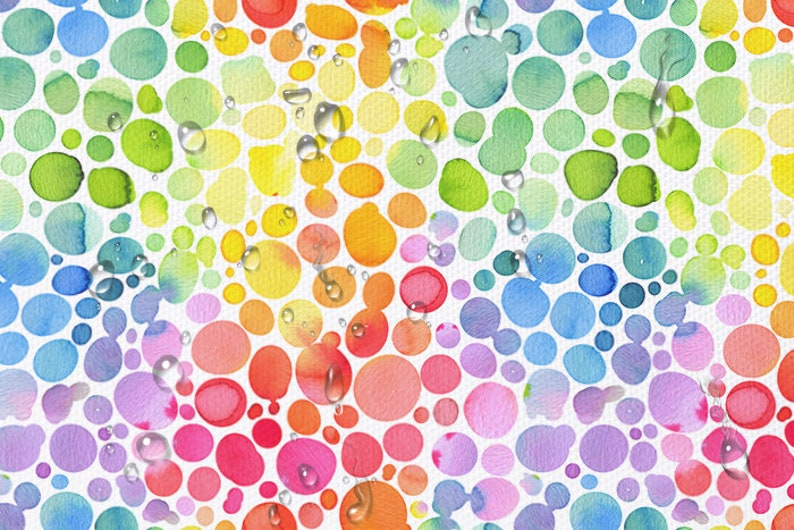 Puede incluir: Una pintura abstracta de acuarela colorida con un patr&oacute;n de arco&iacute;ris de c&iacute;rculos y gotas de agua.