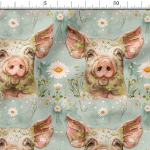 May include: A seamless pattern featuring a cute pig with pink ears and a muddy face. The pig is surrounded by white daisies and green foliage on a light blue background.