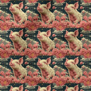 May include: A repeating pattern of pink piglets with white spots standing in a field of pink flowers against a dark blue background with white clouds and gold stars.