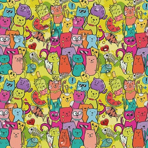 May include: A colorful, whimsical pattern featuring cartoon cats in various poses and wearing different accessories. The background is a bright yellow with splashes of green, blue, and red. The cats are all wearing different expressions, some are smiling, some are frowning, and some are surprised. There are also various other objects in the pattern, such as fish, bones, hearts, and stars.