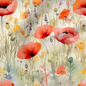 Papaveri acquerello cotone 100%, Eco-print, Tessuto di cotone stampato Papaveri, Larghezza 150cm /60"