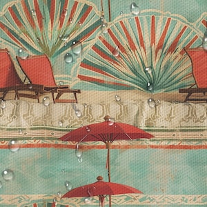 Può includere: Una scena da spiaggia in stile vintage con due sdraio rosse, un ombrello rosso e un design a forma di palma. Lo sfondo è di colore blu e verde con una spiaggia di sabbia bianca. Gocce d'acqua sono sparse sull'immagine.