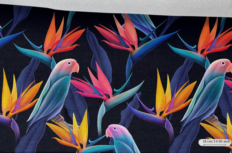 May include: A seamless pattern featuring vibrant blue, orange, yellow, and pink tropical birds and flowers on a dark blue background. The pattern is perfect for fabric, wallpaper, or other decorative projects.