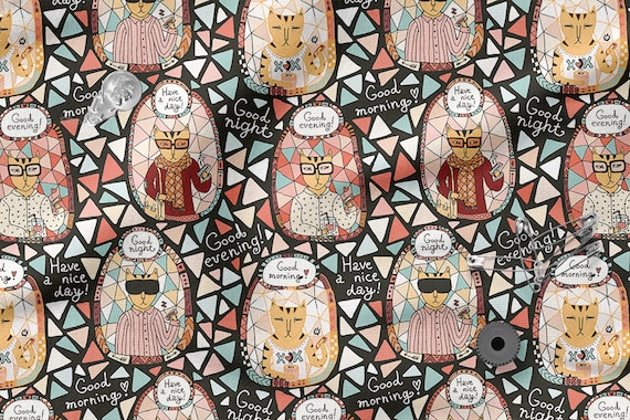 Colorful HIPSTER CAT Cotton 100%, Eco-print, Printed Cotton Fabric