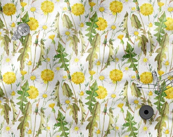 DANDELIONS FLOWERS, Summer Meadow Flowers cotton 100%, Eco-print, Printed Cotton Fabric, Dandelions fabric, Width 150cm /60"