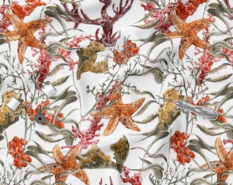 Tissu tricoté en coton, récif de corail, extensible, tricot de coton à motif, impression écologique, poids 200 g