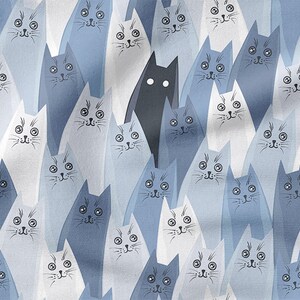 May include: A black cat stands out among a crowd of blue and white cats. The cats are all stylized and have large eyes. The background is a light blue color.