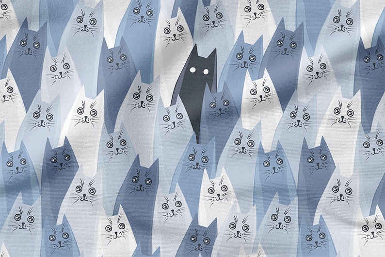 May include: A black cat stands out among a crowd of blue and white cats. The cats are all stylized and have large eyes. The background is a light blue color.