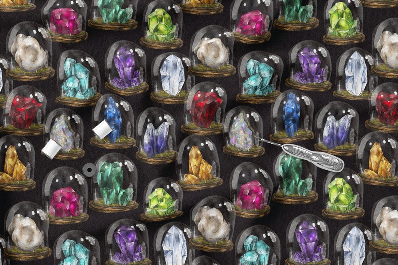 May include: A repeating pattern of colorful crystals encased in glass domes on a black background. The crystals are various shapes and sizes, including amethyst, emerald, ruby, and quartz.