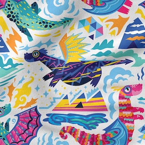 CUTE DRAGONS cotton 100%, Eco-print, Printed Cotton Fabric, DRAGONS fabric, Width 150cm /60&quot;