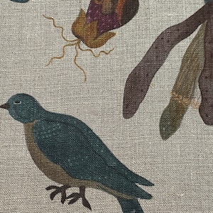 Tessuto di lino, motivo floreale, uccelli, beige melange, lino ammorbidito per cucire, larghezza 150 cm /60"