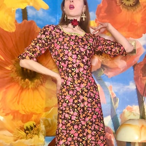 1970s Rose BETSEY JOHNSON Style Gothic Prairie Dress with Rick Rack Trim