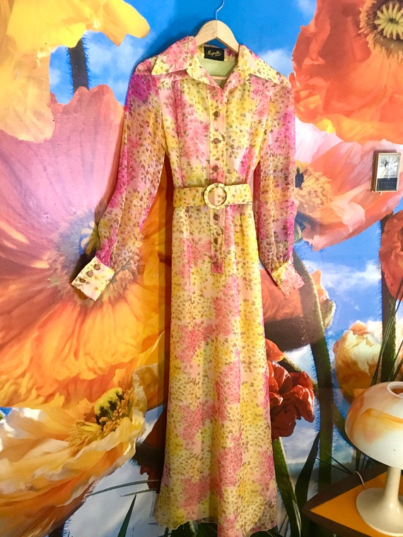 MAJESTIC 1970s Floral Hostess Gown with Matching … - image 2