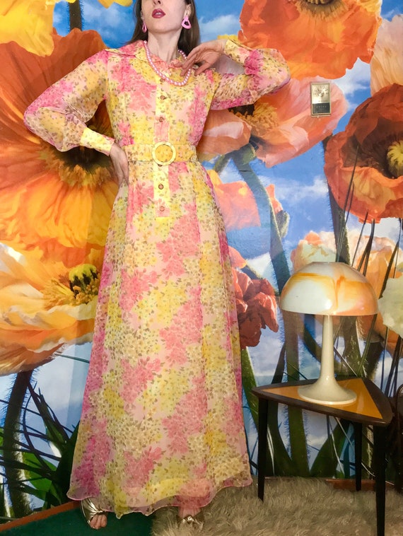 MAJESTIC 1970s Floral Hostess Gown with Matching … - image 1