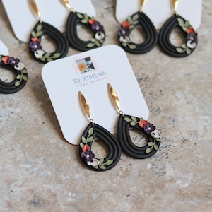 Unique Floral Statement Earrings, Black Polymer Clay, Handmade Boho Jewelry
