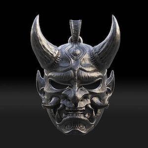 3D Printable Hannya Oni Mask Pendant - Japanese Samurai Demon Necklace STL File