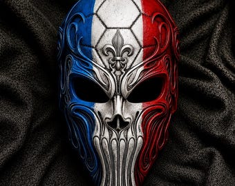 Totenkopfmaske „Le Tricolore“ – Maske für französische Fußballfans, Cosplay-Maske mit Frankreich-Flagge, Lilie (Fleur-de-Lis), handbemaltes 3D-gedrucktes Dekor