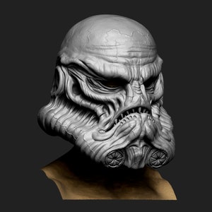 May include: A detailed 3D model of a monstrous alien creature's head, sculpted in a gray, textured style. The creature has a menacing expression with sharp teeth and a textured, organic-looking helmet.