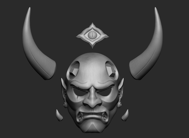May include: A grey 3D printed Oni mask with horns and a third eye. The mask is separated into five pieces: the face, two horns, and two ear pieces.