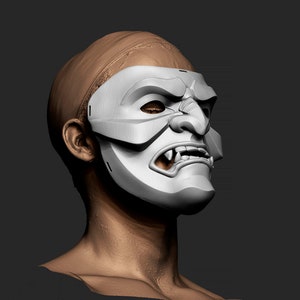 3D Printable Japanese Kabuto Hannya Oni Samurai Mask STL File - Demon Ghost Tengu Mempo Design