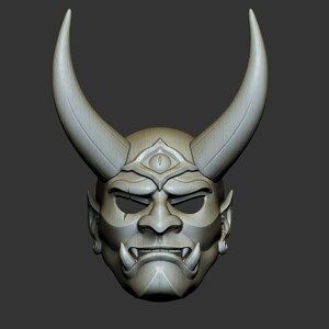 May include: A detailed, grey, 3D-printed Oni mask with horns, a third eye, and a fierce expression.