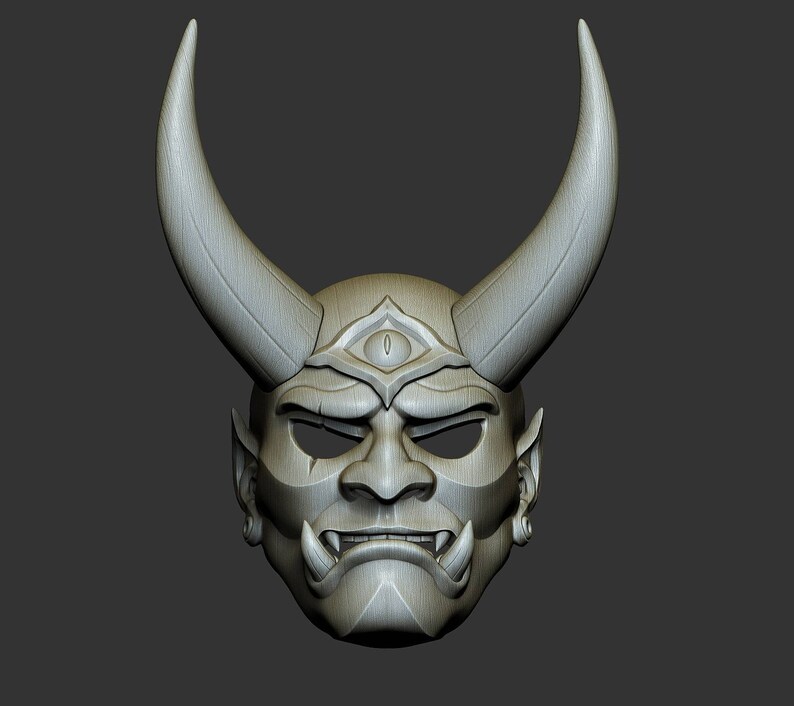 May include: A detailed, grey, 3D-printed Oni mask with horns, a third eye, and a fierce expression.