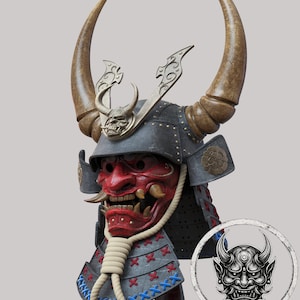 May include: A detailed 3D model of a Japanese samurai helmet, featuring a red demon mask, large curved horns, and intricate metalwork. The helmet is gray and black with gold accents and a rope neck guard. The image includes the text "DIGITAL FILES ONLY - STL FOR 3D PRINTING NOT A PHYSICAL HELMET FILE."