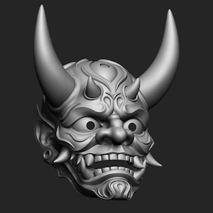 May include: A detailed gray 3D model of a Japanese Oni mask with horns, fangs, and intricate facial details.