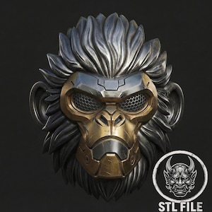 May include: A detailed, metallic monkey mask with a futuristic design. The mask features a silver and gold colour scheme, with intricate details on the fur and face. The eyes are covered with a mesh-like material. A circular logo with a demon face and the text "STL FILE" is in the bottom right.