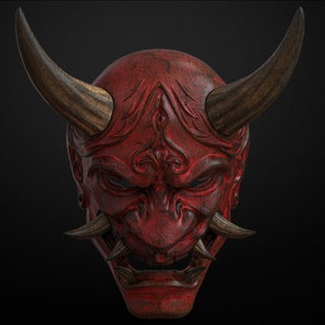 May include: A red wooden Oni mask with intricate carvings and horns. The mask has a fierce expression with sharp teeth and a wide mouth.