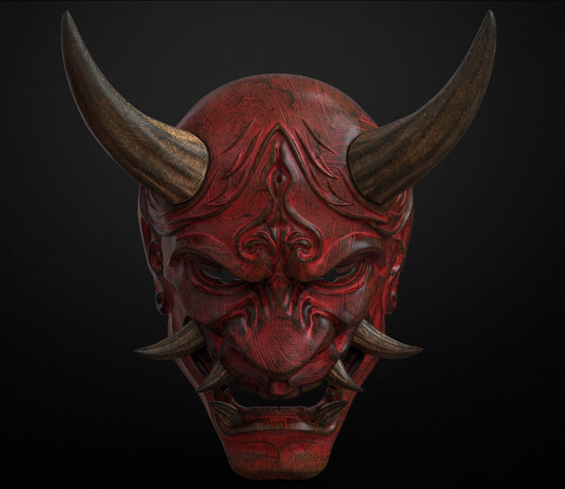 May include: A red wooden Oni mask with intricate carvings and horns. The mask has a fierce expression with sharp teeth and a wide mouth.