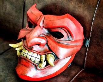 Rote Oni Menpo Samurai Maske - Japanischer Krieger Gesichtsschutz für Cosplay, Halloween, Bushido Reenactment