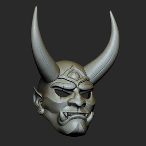 May include: A grey, detailed, 3D printed Oni mask with horns and a single eye. The mask has a textured surface and a fierce expression.