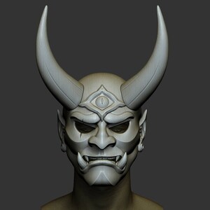 May include: A white, detailed, 3D printed mask with horns, a third eye, and a fierce expression. The mask is a traditional Japanese Oni demon mask.