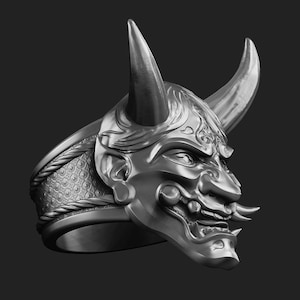 3D Printable Hannya Oni Demon Mask Ring STL File - Japanese Folklore Jewelry Model