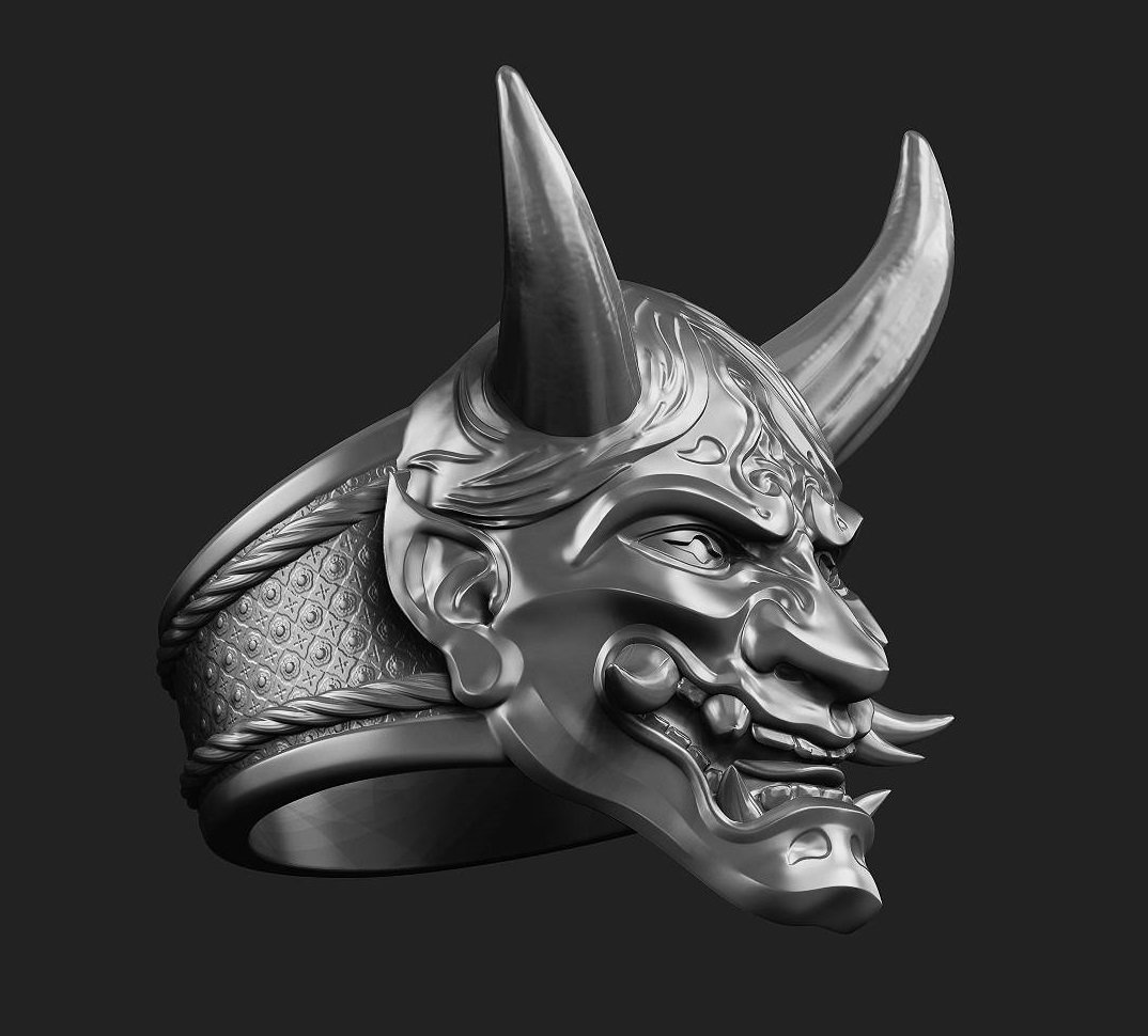 3D Printable Hannya Oni Demon Mask Ring STL File - Japanese