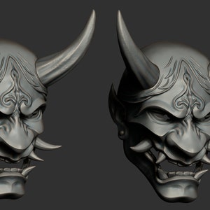 May include: A detailed, gray, 3D model of a traditional Japanese Oni mask with horns, a fierce expression, and intricate carvings. The mask is viewed from two angles.