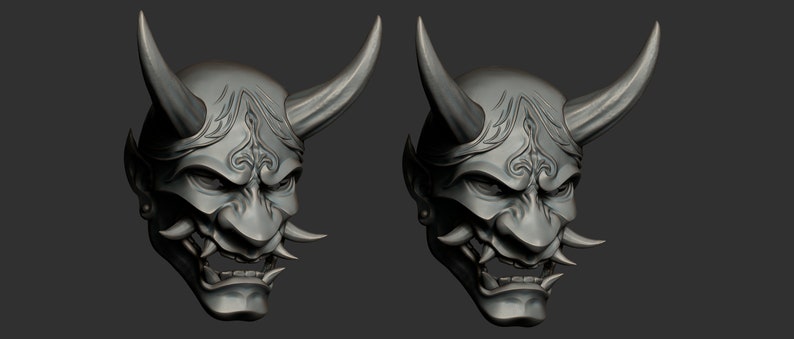May include: A detailed, gray, 3D model of a traditional Japanese Oni mask with horns, a fierce expression, and intricate carvings. The mask is viewed from two angles.