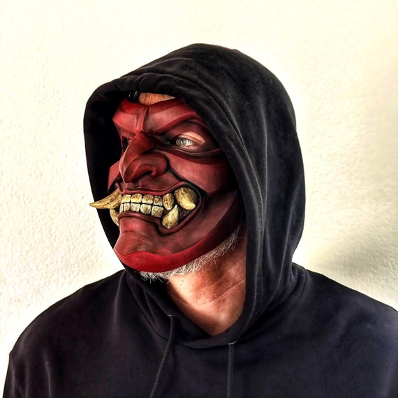 Red Oni Menpo Samurai Mask - Japanese Warrior Facial Armor for