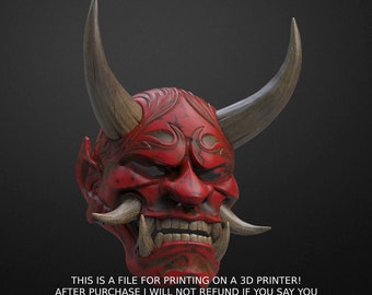 Japanese Hannya Oni Mask STL File – Demon Samurai Kabuto, Noh Mempo (For 3D Printing)