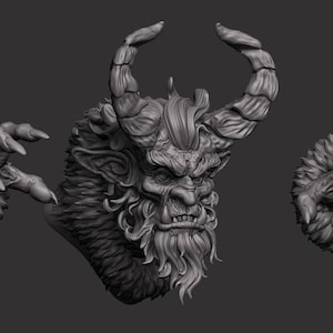May include: A detailed 3D model of a creature with a furry face, horns, and claws. The model is in a grey colour and appears to be a digital sculpture.