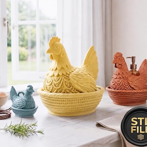 May include: A selection of ceramic chicken-shaped kitchen accessories. Includes a yellow chicken egg holder, a teal chicken egg holder, and a rust-coloured soap dispenser. All are designed to resemble chickens in woven baskets.