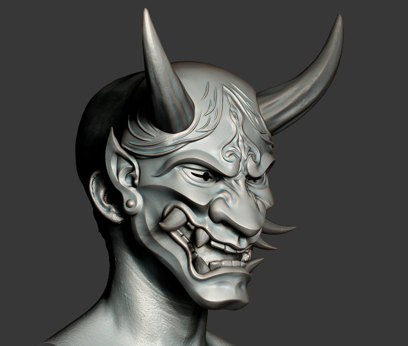 May include: A detailed, gray, 3D model of a Japanese Oni mask with horns, intricate details, and a fierce expression.