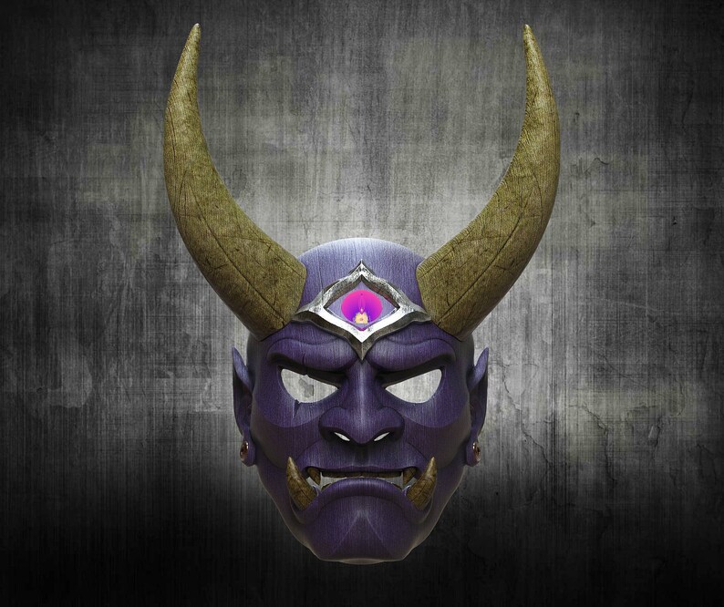 May include: A purple and gold Oni mask with a third eye in the centre of the forehead. The mask has horns and a fierce expression.