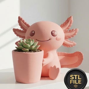 May include: A pink axolotl-shaped planter holding a small succulent in a matching pink pot. The axolotl has a smiling face, large eyes, and frilly gills. The pot is filled with soil and the succulent has green leaves. A black and gold "STL FILE" seal is in the bottom right.