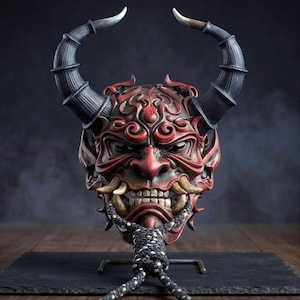 Japanese Oni Hannya Demon Mask, Hand-Painted Samurai Cosplay Wall Decor